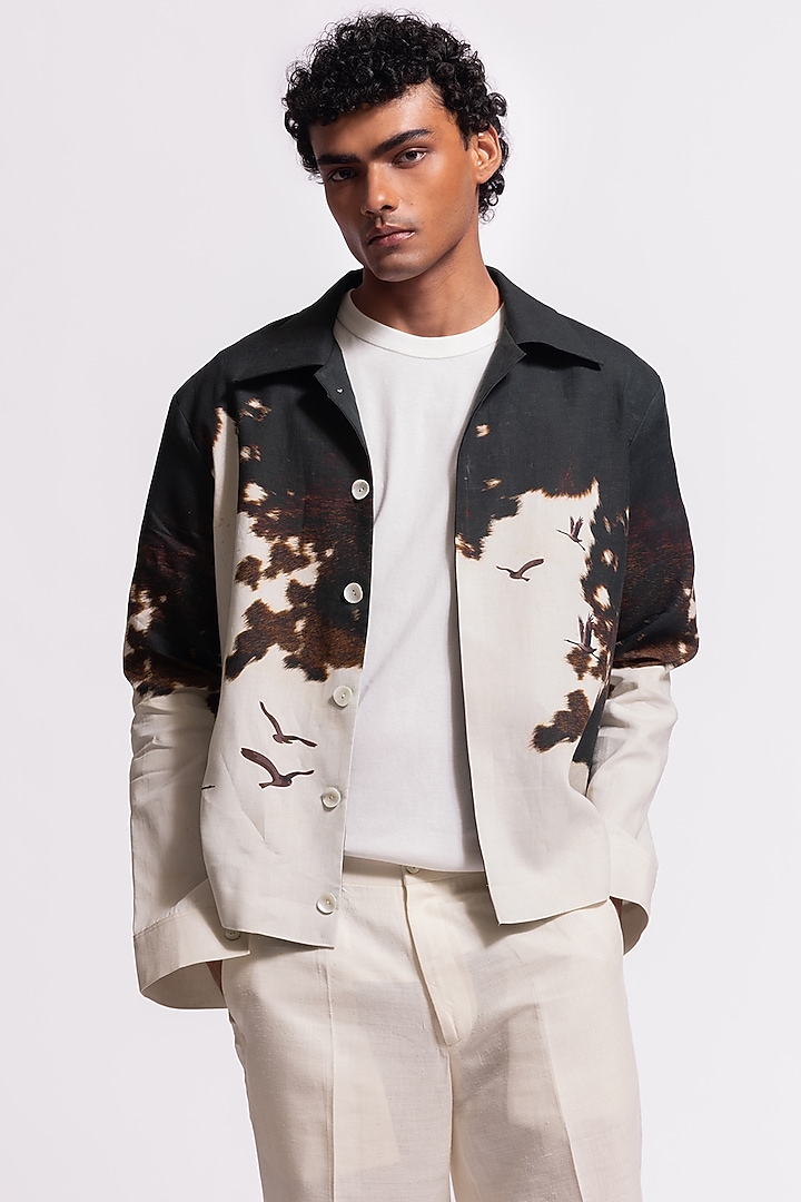 Ivory Linen Printed Jacket by Balance by Rohit Bal Men at Pernia's Pop Up Shop