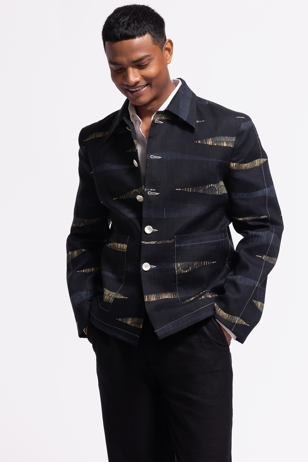 Black Linen Printed Jacket by Balance by Rohit Bal Men