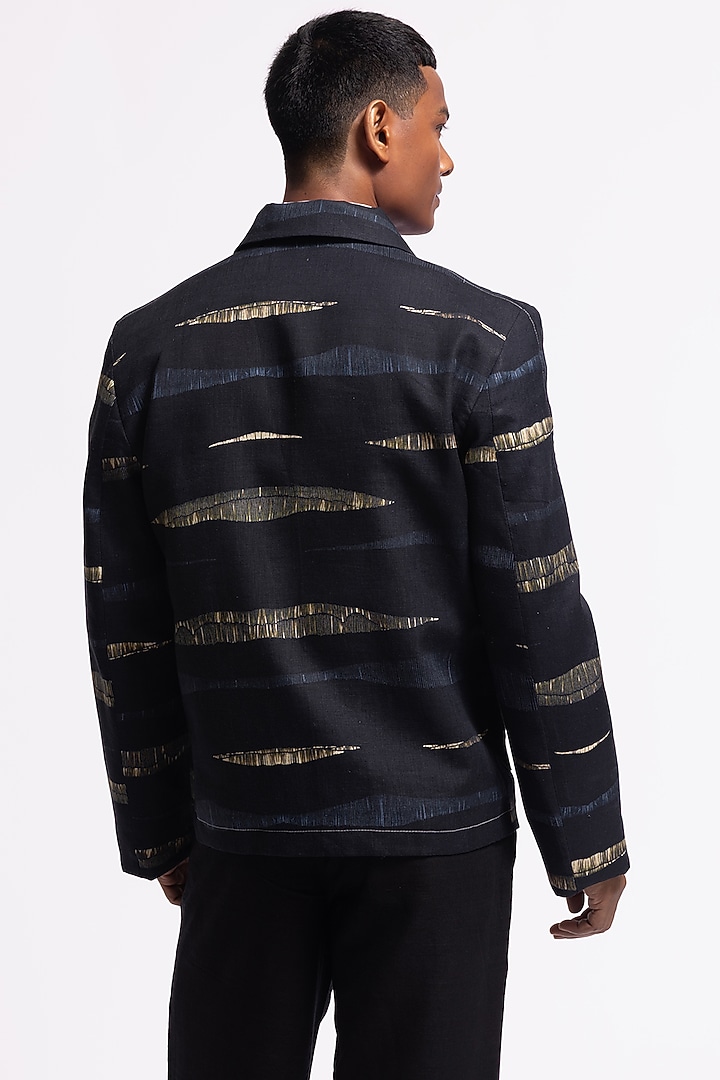 Black Linen Printed Jacket by Balance by Rohit Bal Men at Pernia's Pop Up Shop