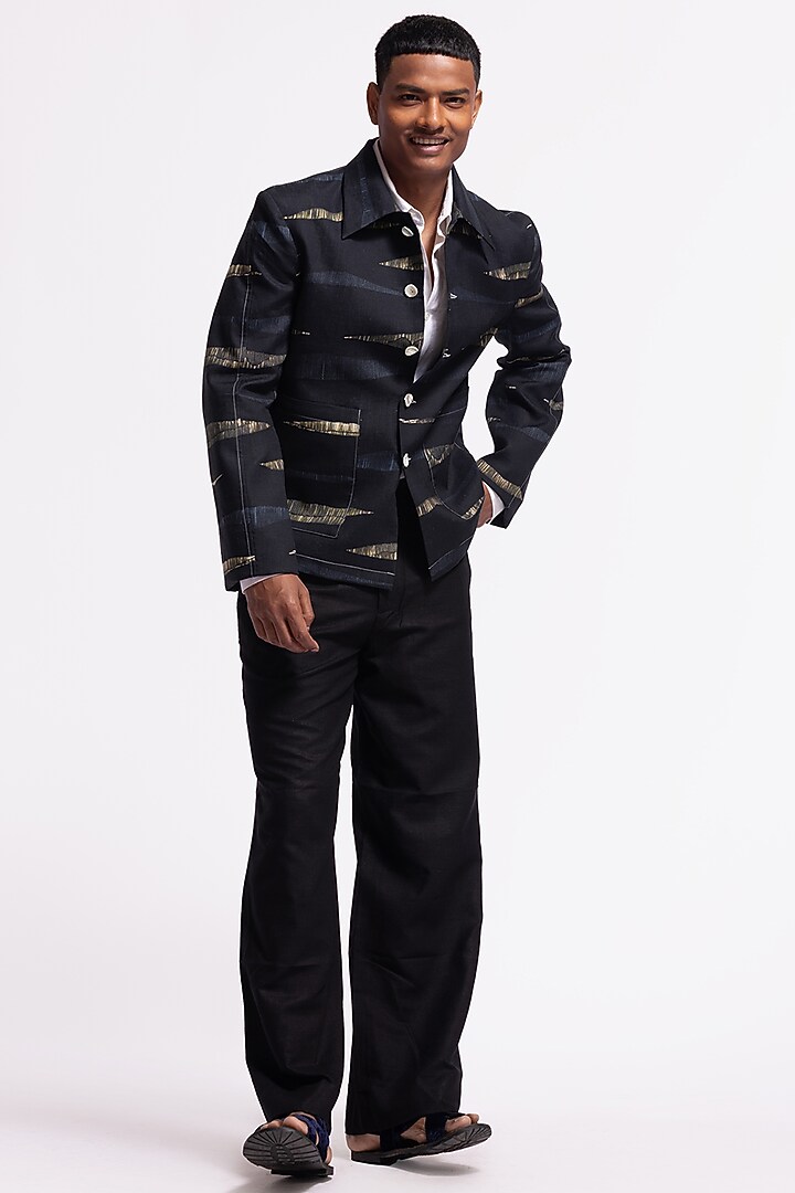 Black Linen Printed Jacket by Balance by Rohit Bal Men at Pernia's Pop Up Shop