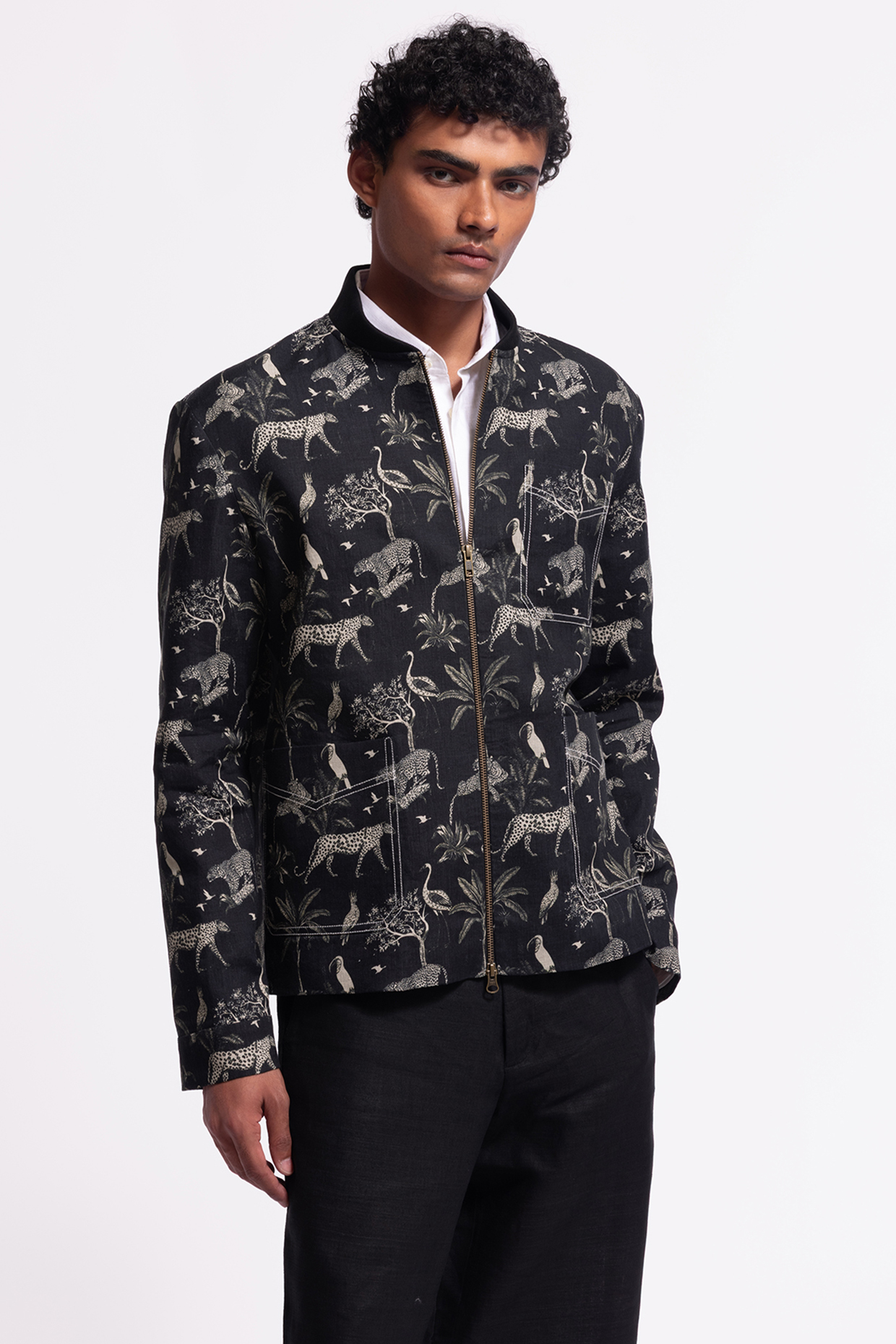 Black Linen Printed Jacket by Balance by Rohit Bal Men