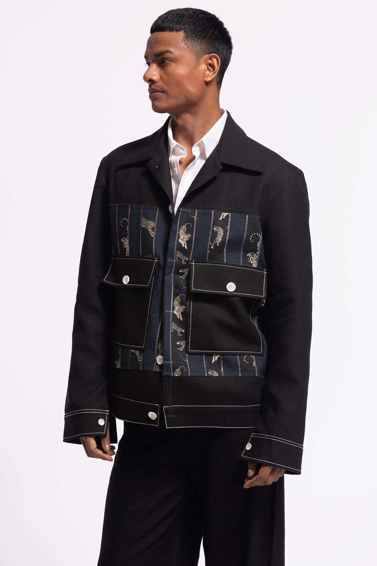 Black Linen Printed Jacket by Balance by Rohit Bal Men