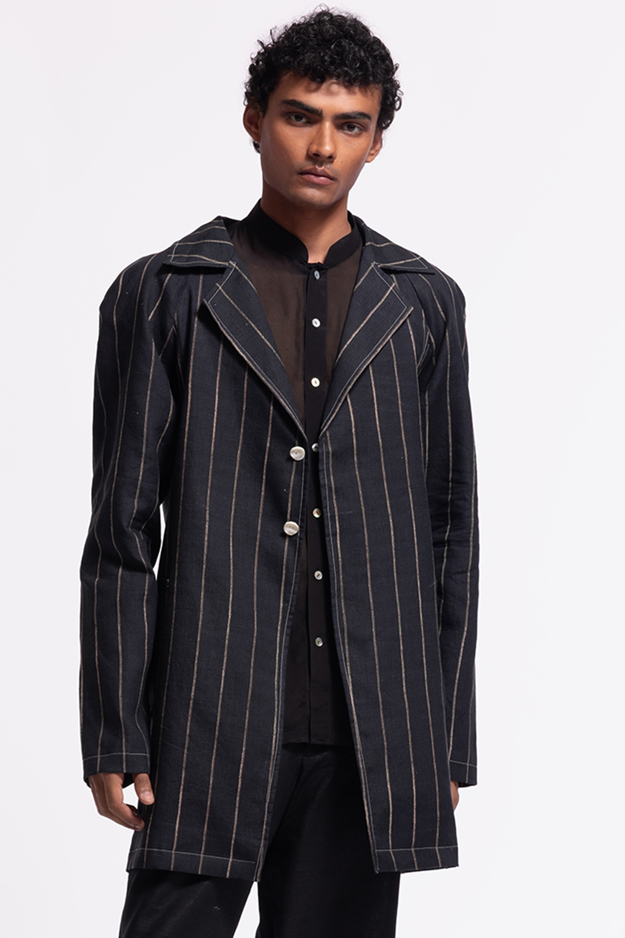 Indigo Linen Printed Jacket by Balance by Rohit Bal Men