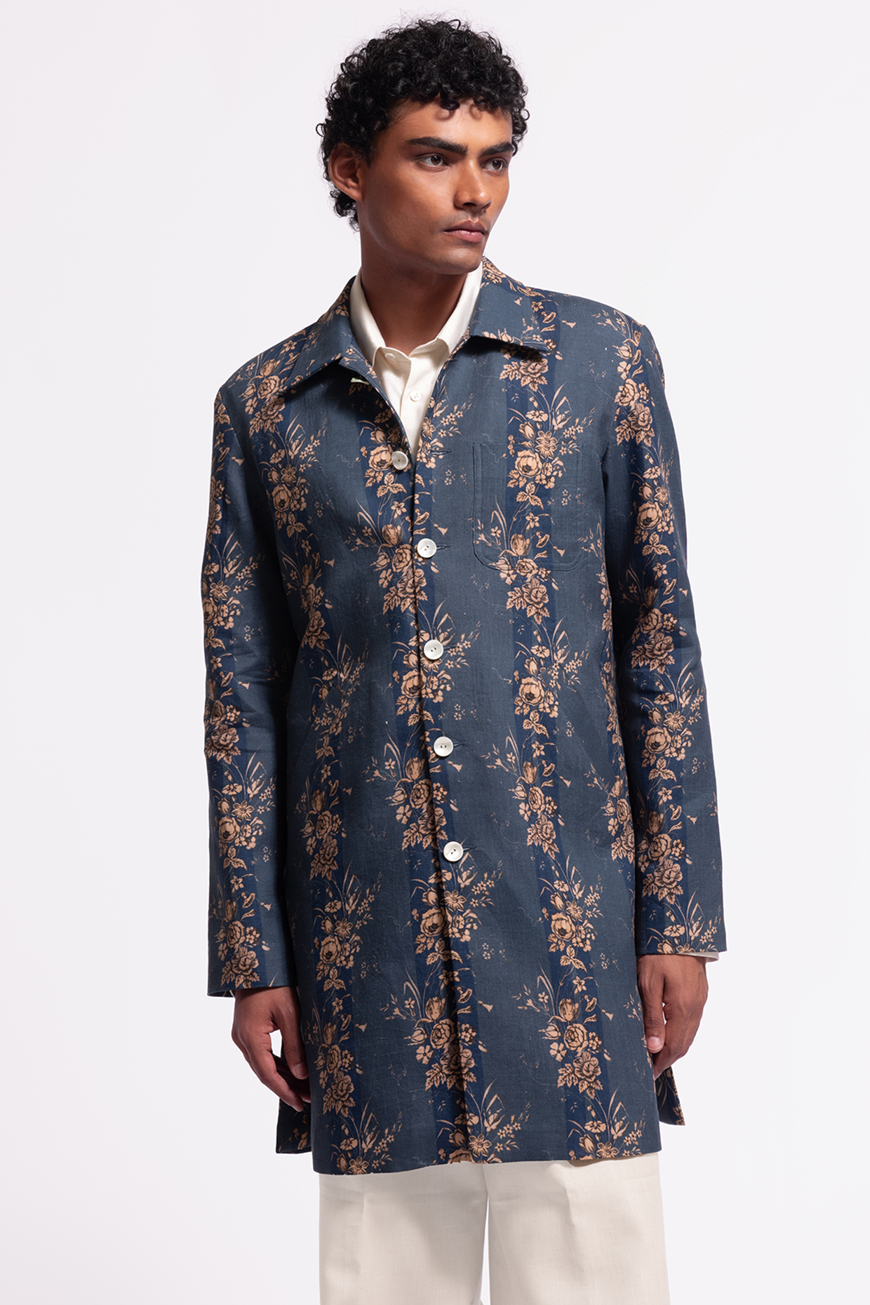 Blue Linen Floral Printed Jacket by Balance by Rohit Bal Men