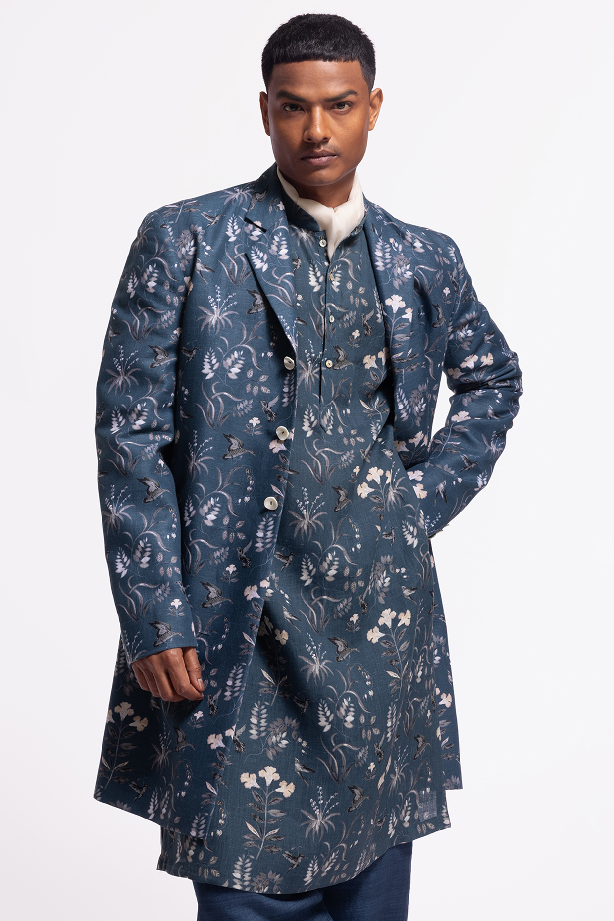 Blue Linen Floral Printed Jacket by Balance by Rohit Bal Men