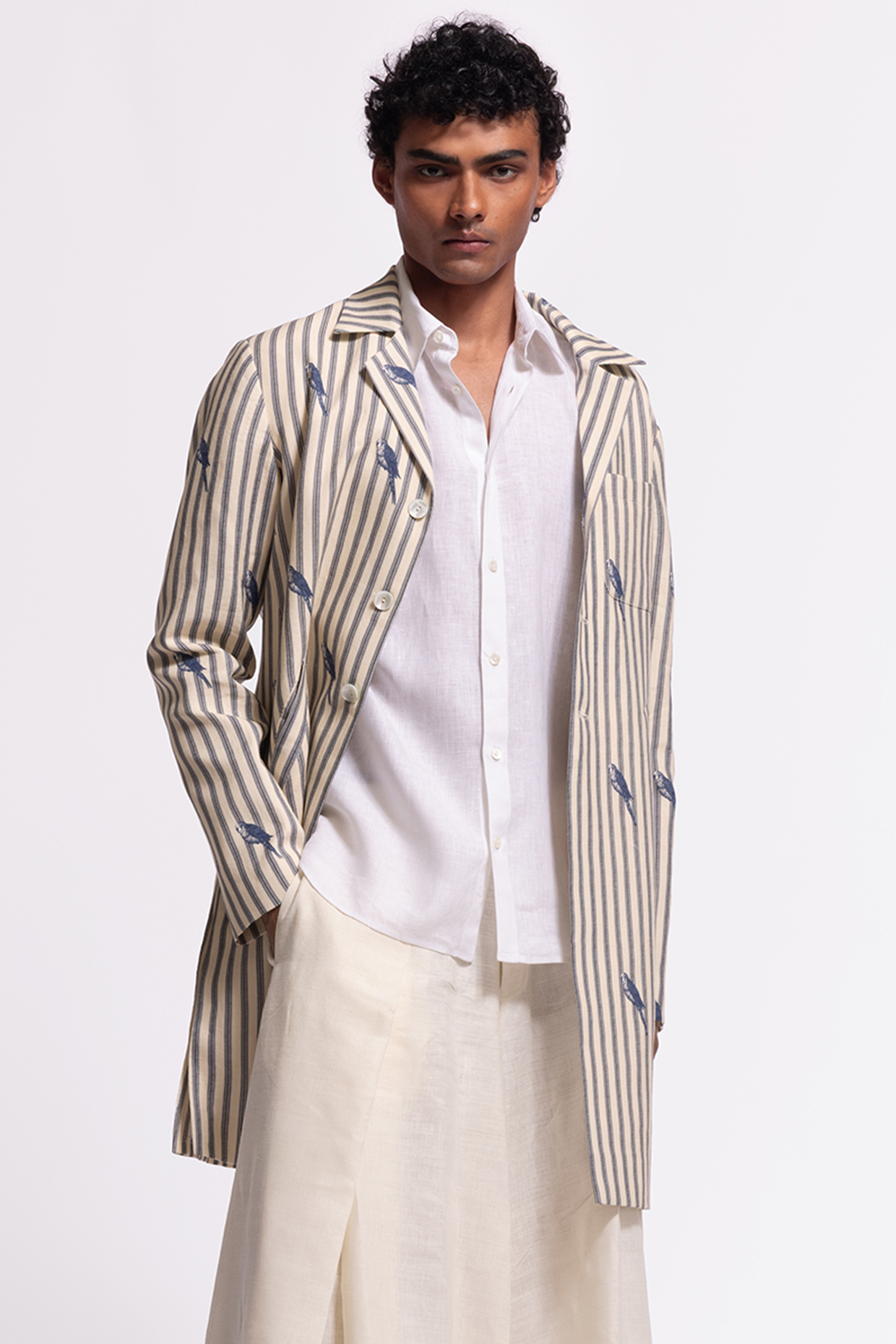 Ivory Linen Printed Jacket by Balance by Rohit Bal Men