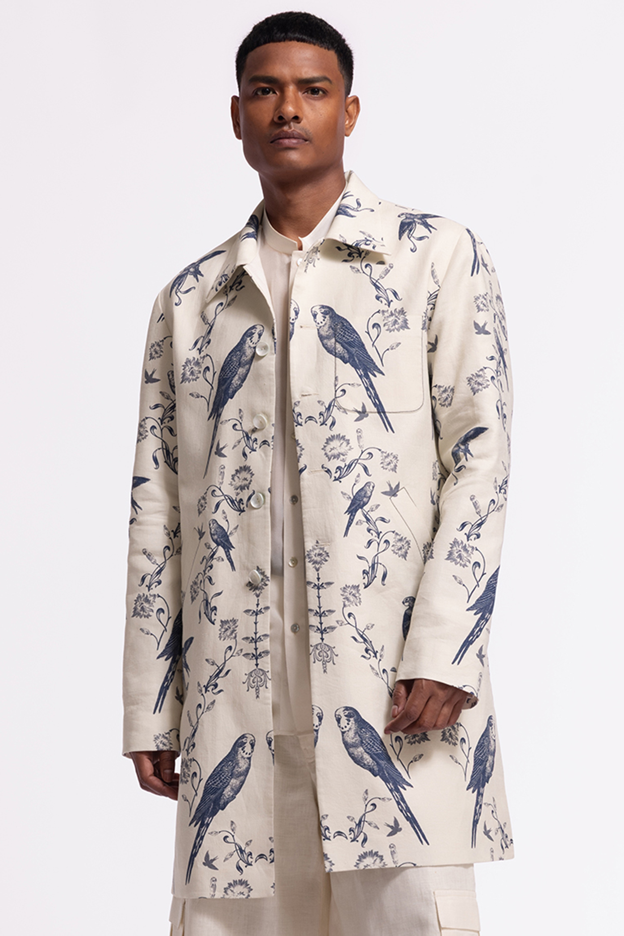 Ivory Linen Printed Jacket by Balance by Rohit Bal Men