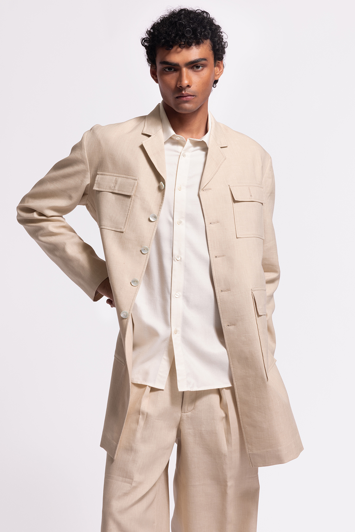 Ivory Linen Printed Jacket by Balance by Rohit Bal Men