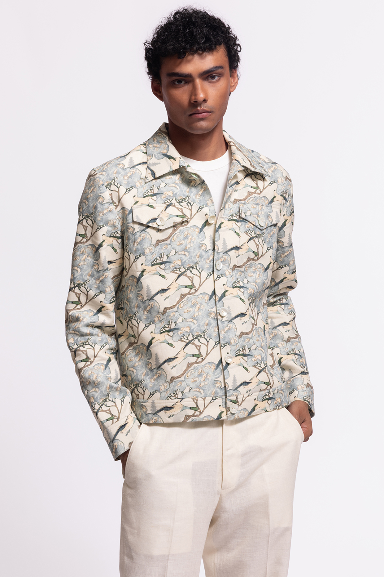Ivory Linen Printed Jacket by Balance by Rohit Bal Men