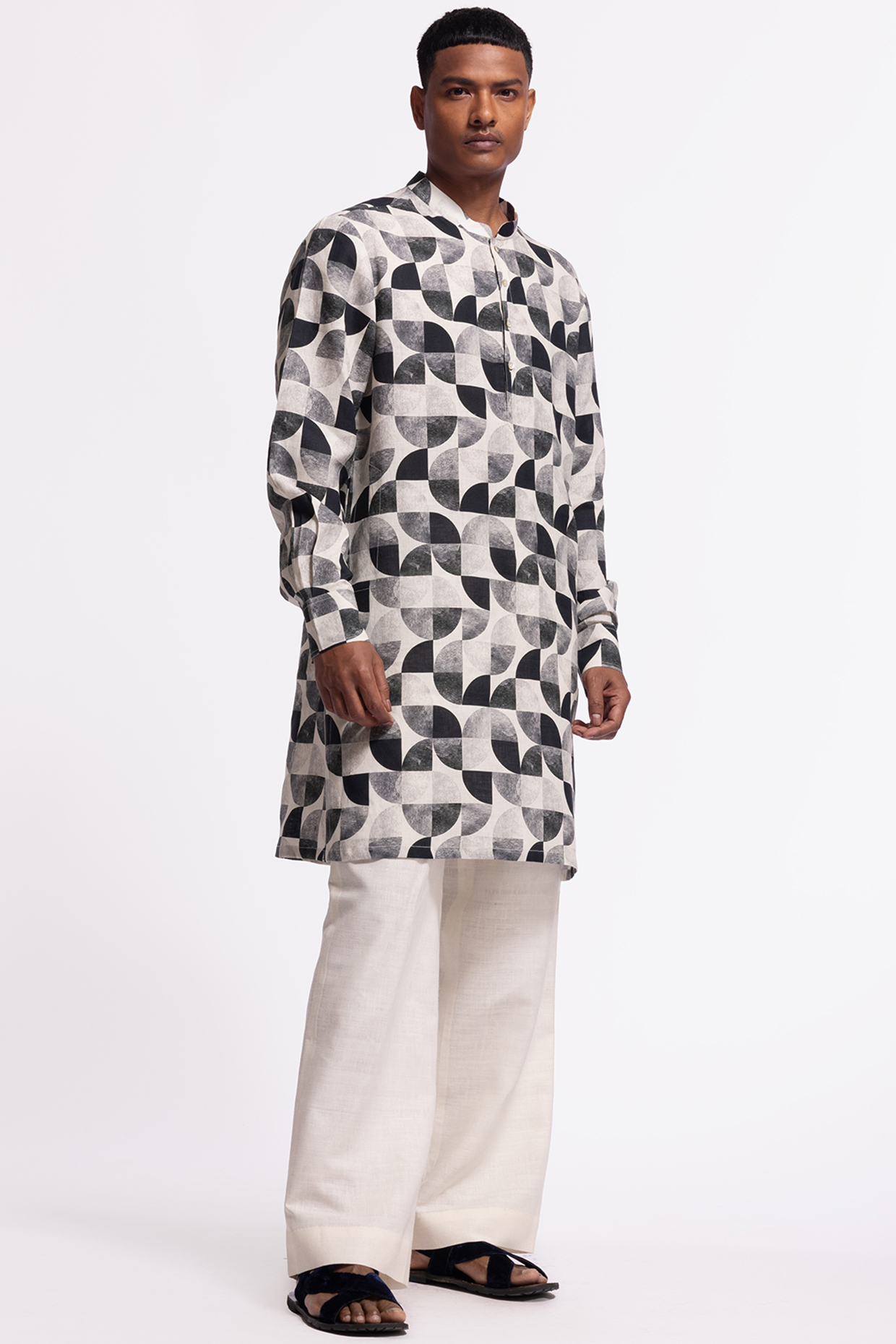 Ivory & Black Linen Short Printed Kurta by Balance by Rohit Bal Men