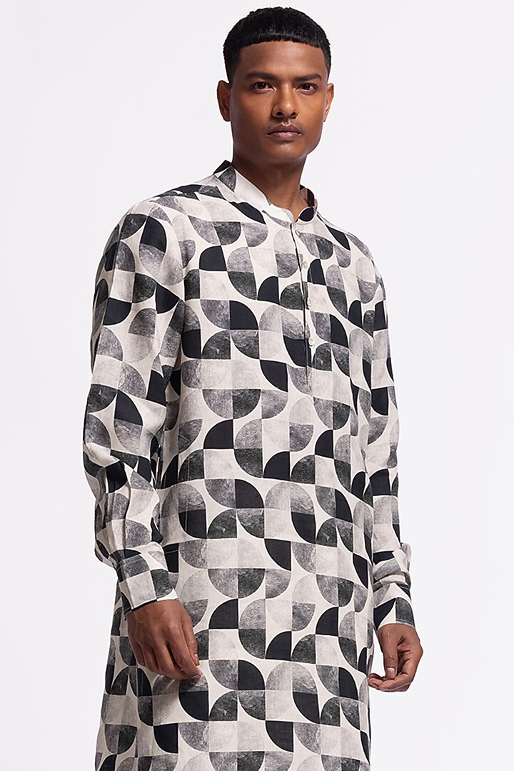 Ivory & Black Linen Short Printed Kurta by Balance by Rohit Bal Men at Pernia's Pop Up Shop