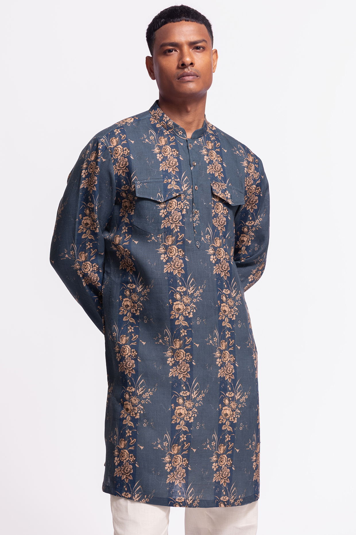 Blue Linen Short Floral Printed Kurta by Balance by Rohit Bal Men