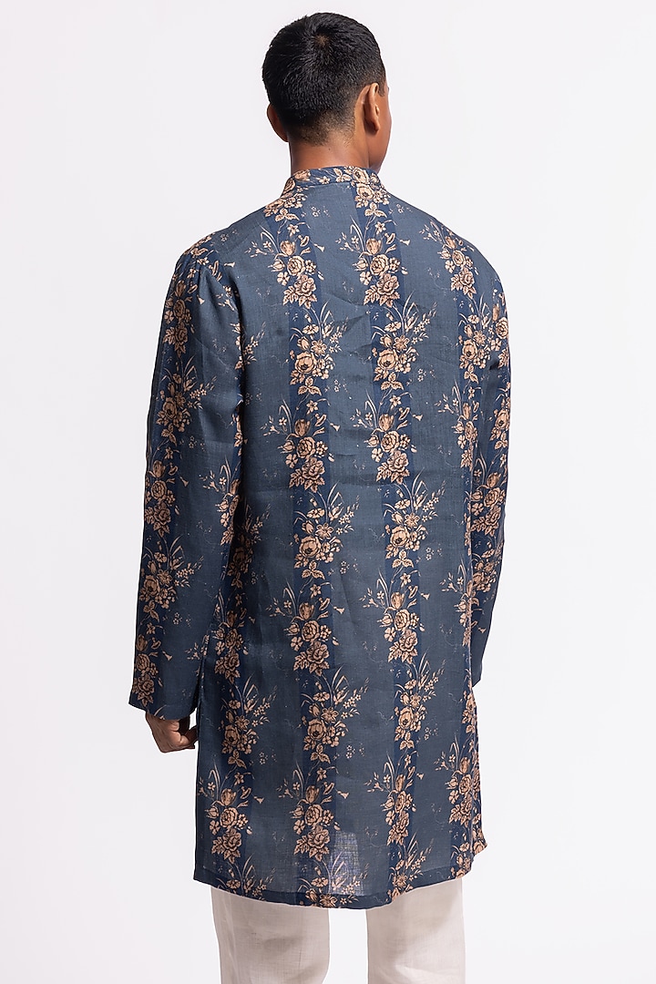 Blue Linen Short Floral Printed Kurta by Balance by Rohit Bal Men at Pernia's Pop Up Shop