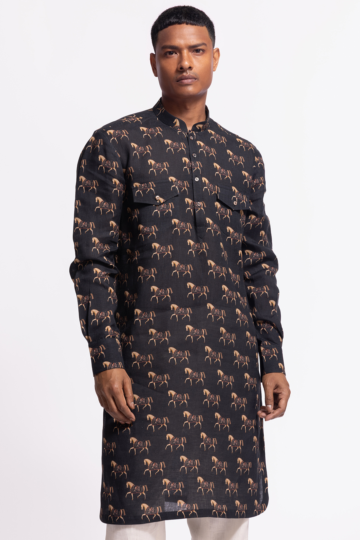 Black Linen Short Printed Kurta by Balance by Rohit Bal Men