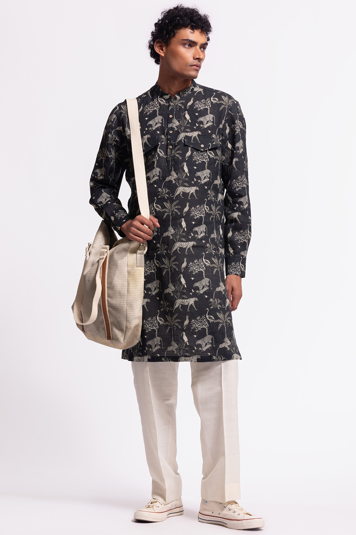 Black Linen Short Printed Kurta by Balance by Rohit Bal Men