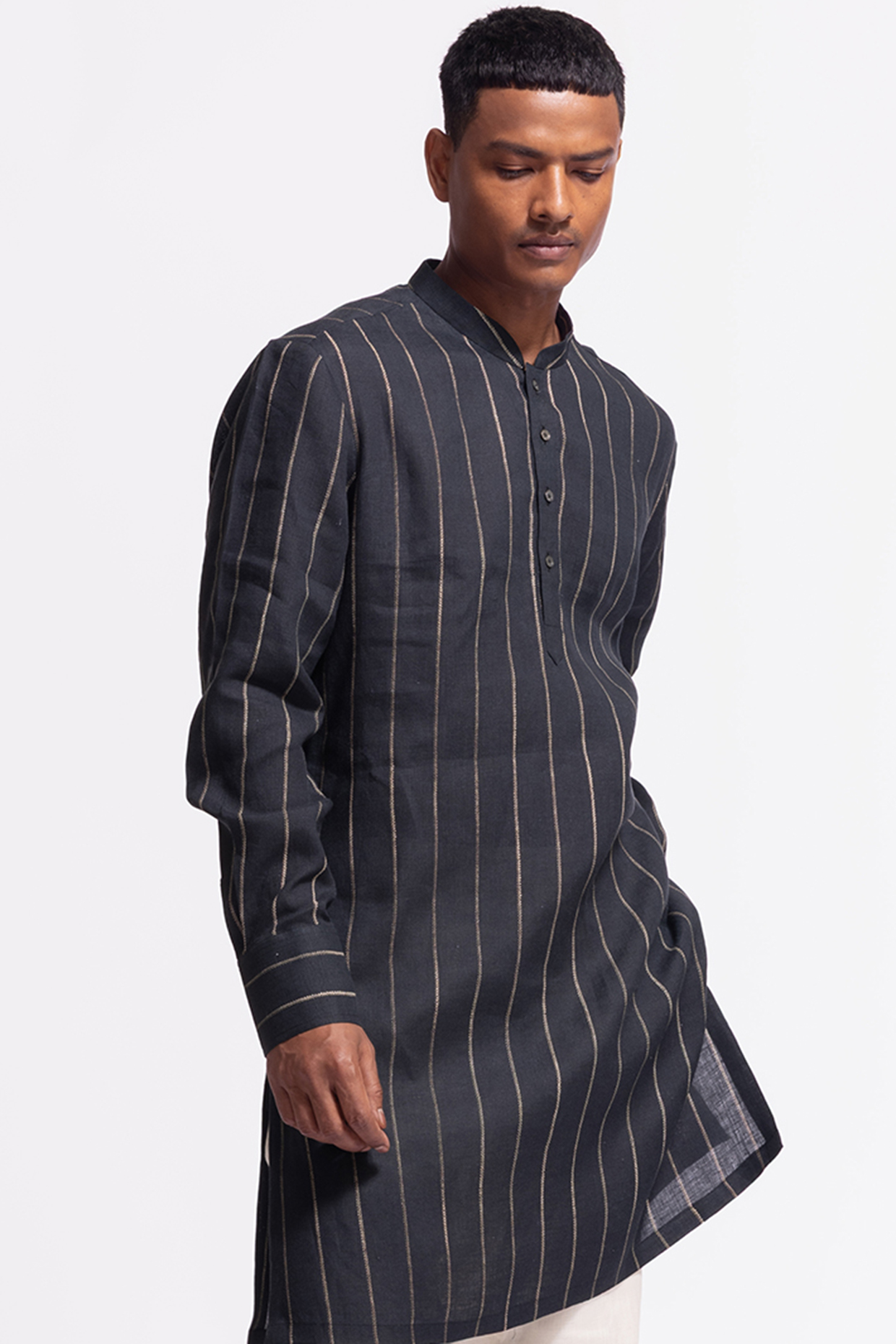 Black Linen Short Printed Striped Kurta by Balance by Rohit Bal Men