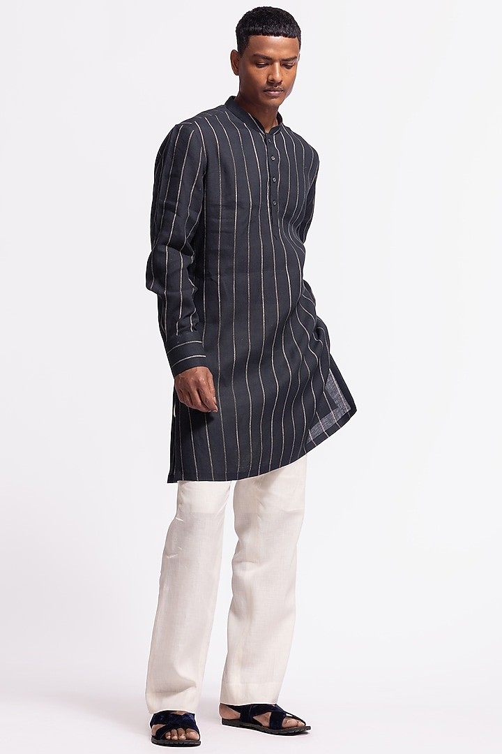 Black Linen Short Printed Striped Kurta by Balance by Rohit Bal Men at Pernia's Pop Up Shop