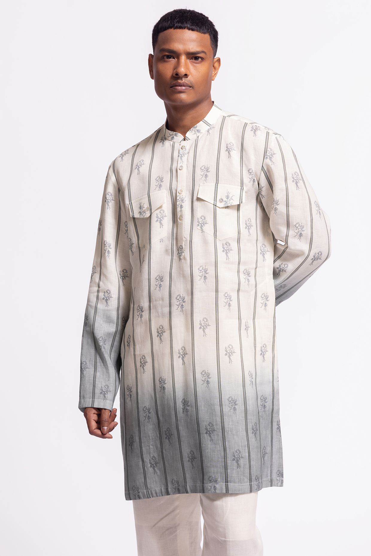 Ivory Linen Short Floral Printed Kurta by Balance by Rohit Bal Men