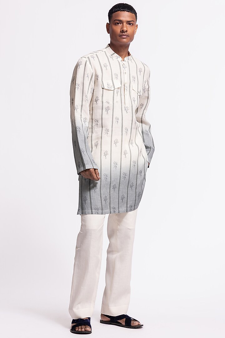 Ivory Linen Short Floral Printed Kurta by Balance by Rohit Bal Men at Pernia's Pop Up Shop