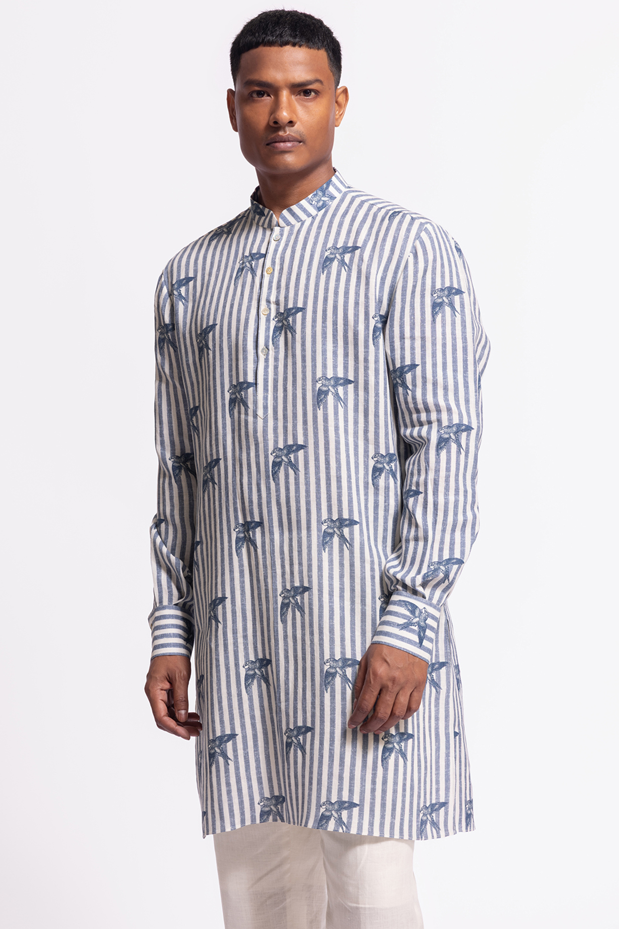 Ivory Linen Short Floral Printed Kurta by Balance by Rohit Bal Men