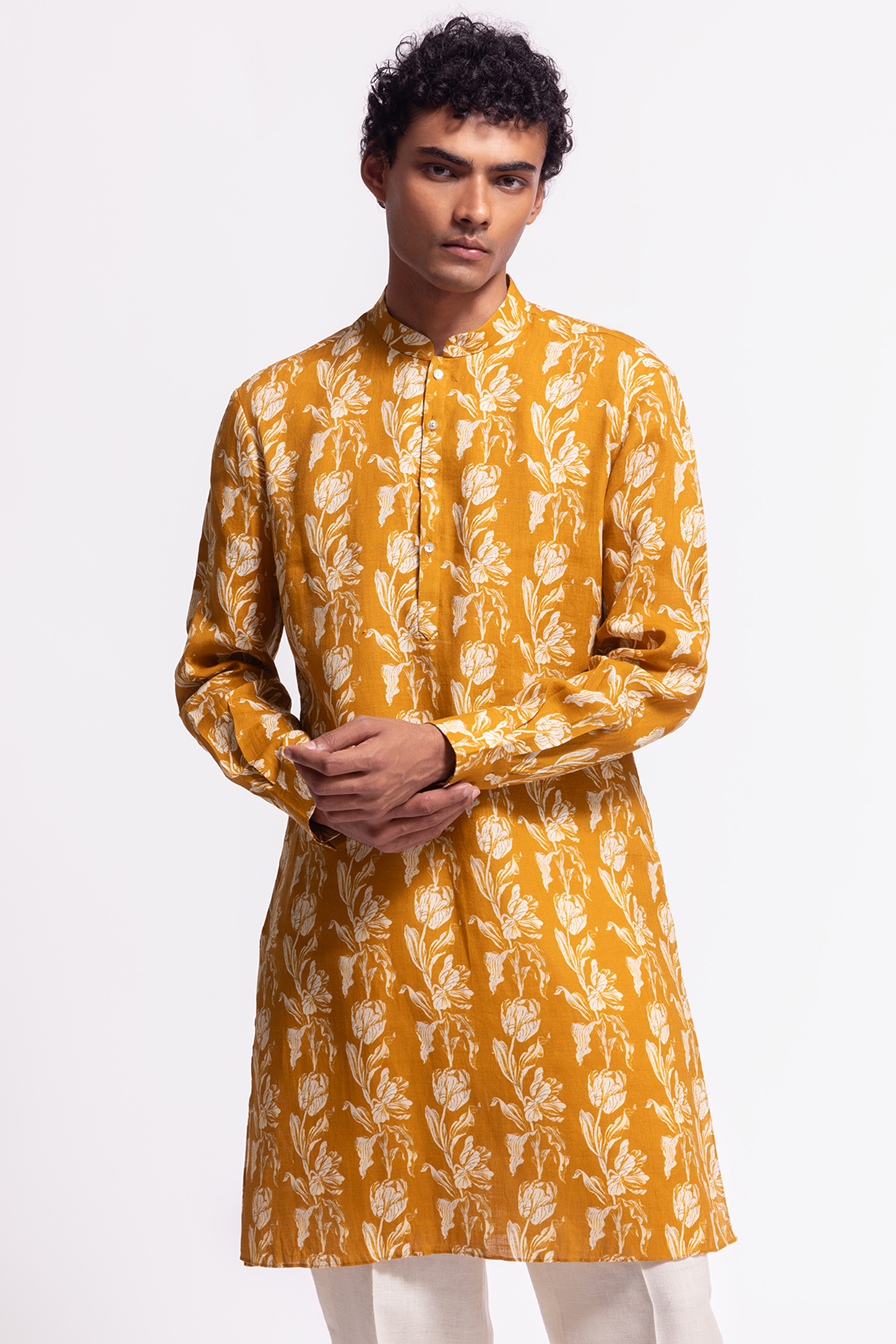 Mustard Linen Short Floral Printed Kurta by Balance by Rohit Bal Men