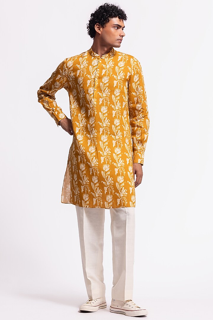 Mustard Linen Short Floral Printed Kurta by Balance by Rohit Bal Men at Pernia's Pop Up Shop