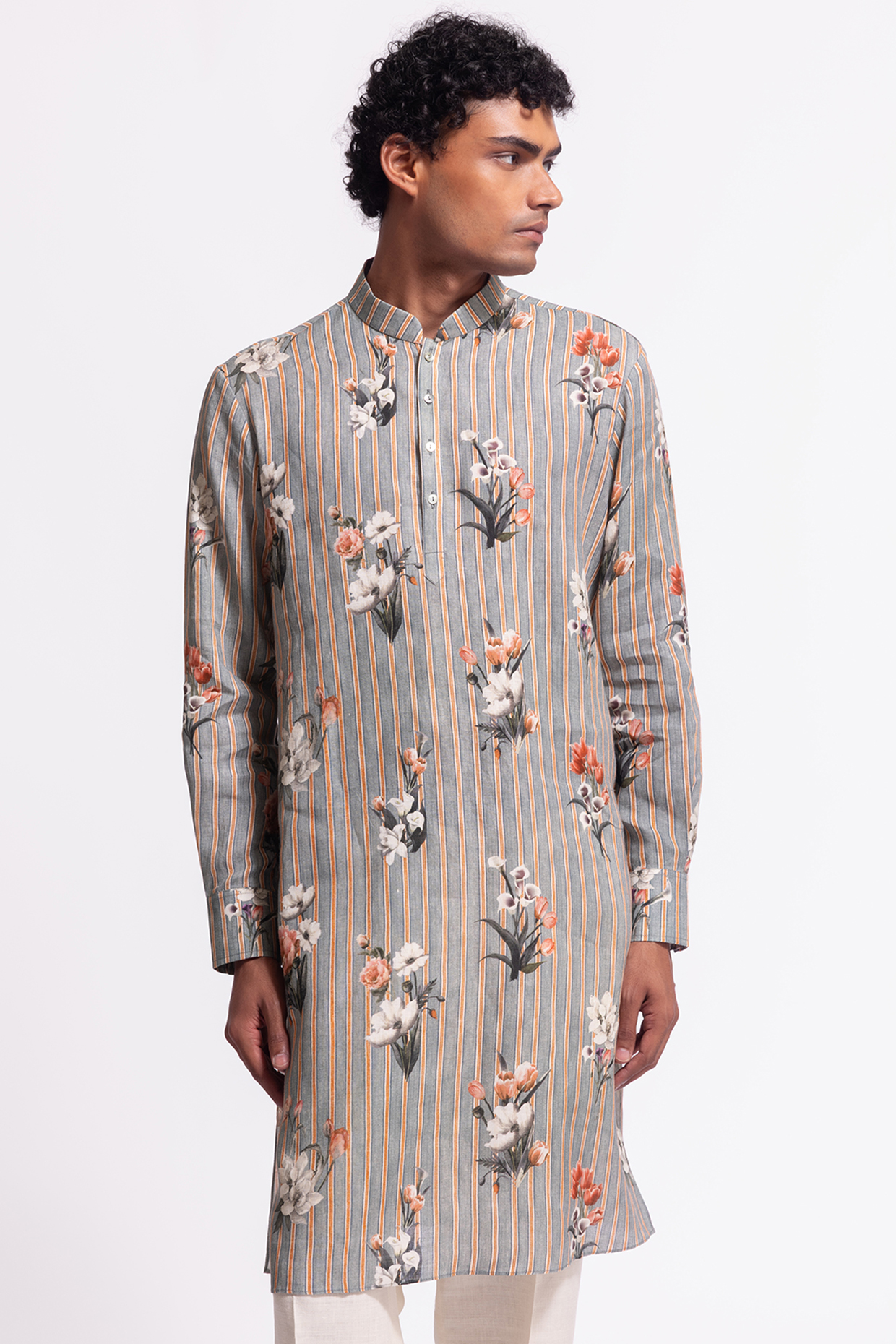 Grey Linen Short Floral Printed Kurta by Balance by Rohit Bal Men