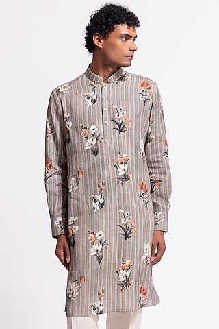 Grey Linen Short Floral Printed Kurta by Balance by Rohit Bal Men