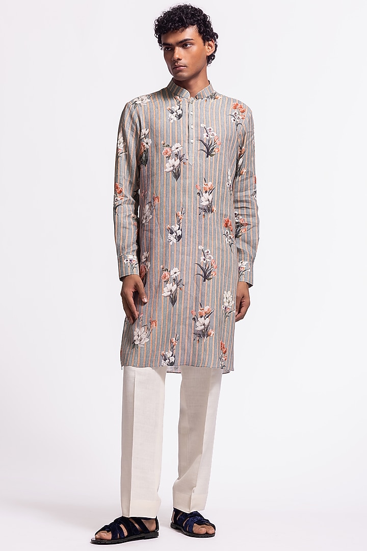 Grey Linen Short Floral Printed Kurta by Balance by Rohit Bal Men at Pernia's Pop Up Shop
