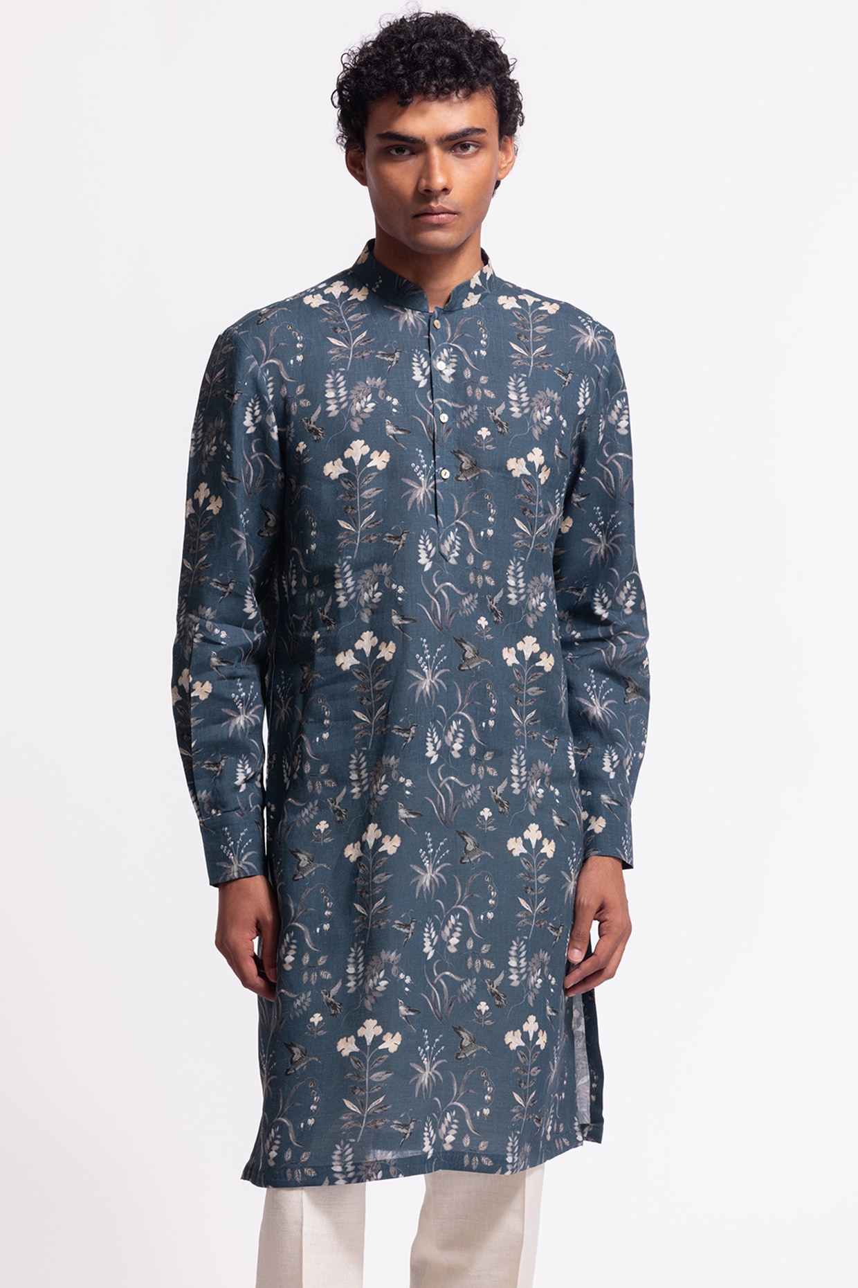 Rohit Bal Balance by Rohit Bal Blue Linen Short Floral Printed Kurta