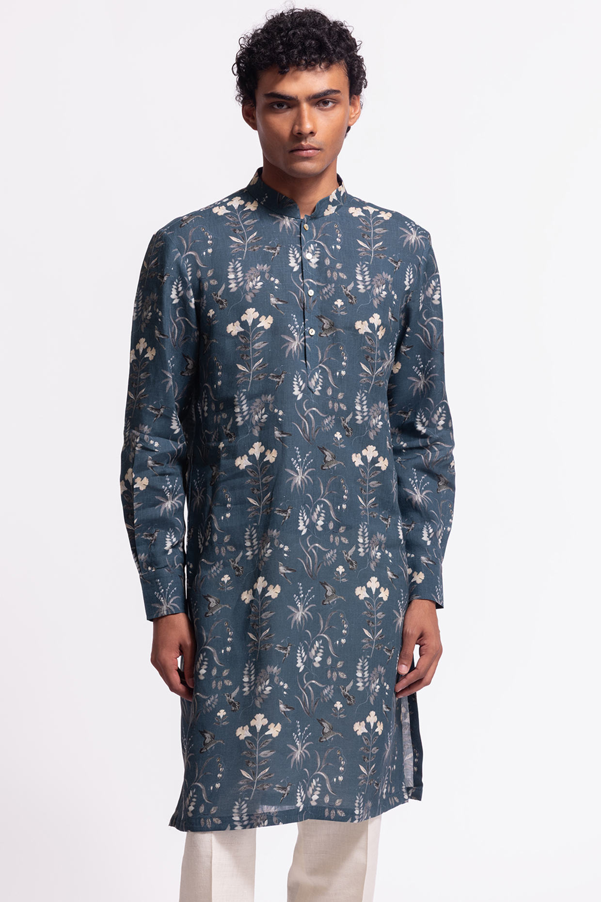 Blue Linen Short Floral Printed Kurta by Balance by Rohit Bal Men