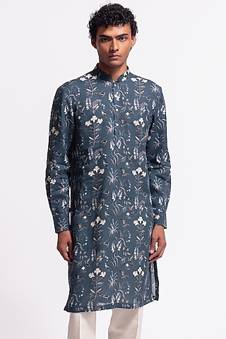 Blue Linen Short Floral Printed Kurta by Balance by Rohit Bal Men