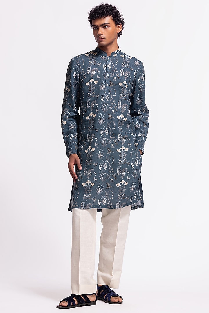 Blue Linen Short Floral Printed Kurta by Balance by Rohit Bal Men at Pernia's Pop Up Shop