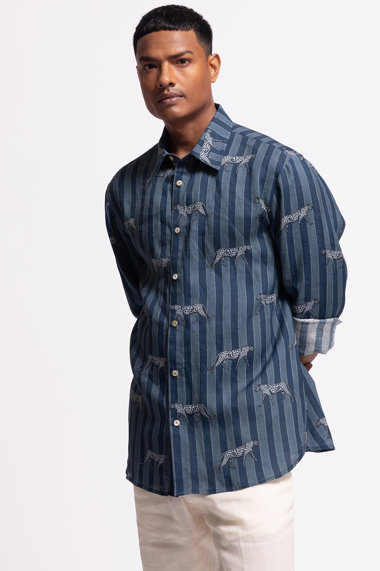 Blue Linen Printed Shirt by Balance by Rohit Bal Men