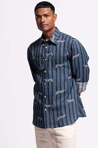 Blue Linen Printed Shirt by Balance by Rohit Bal Men