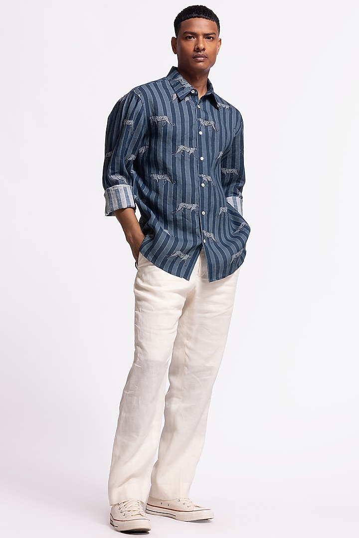 Blue Linen Printed Party Wear Shirt by Balance by Rohit Bal Men at Pernia's Pop Up Shop
