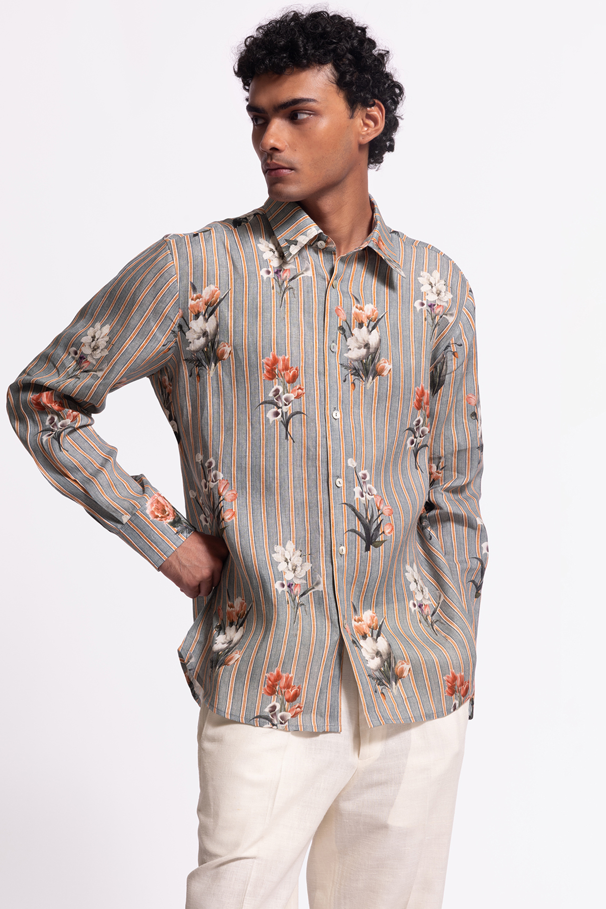 Grey Linen Floral Printed Shirt by Balance by Rohit Bal Men
