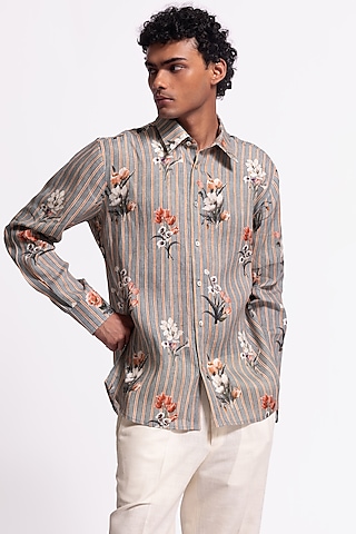Grey Linen Floral Printed Shirt by Balance by Rohit Bal Men