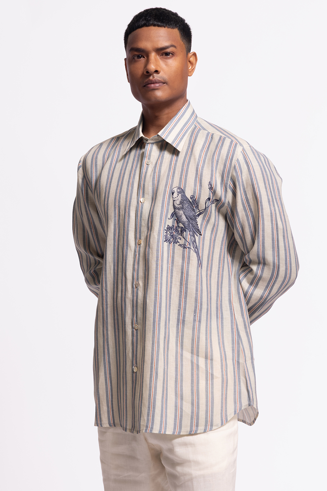 Ivory Linen Bird Printed Shirt by Balance by Rohit Bal Men