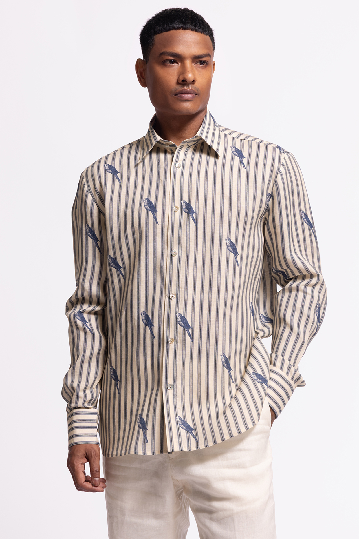 Ivory Linen Bird Printed Shirt by Balance by Rohit Bal Men
