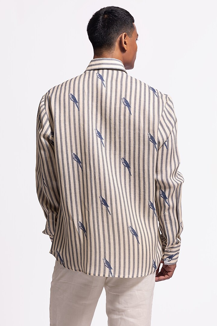 Ivory Linen Bird Printed Party Wear Shirt by Balance by Rohit Bal Men at Pernia's Pop Up Shop