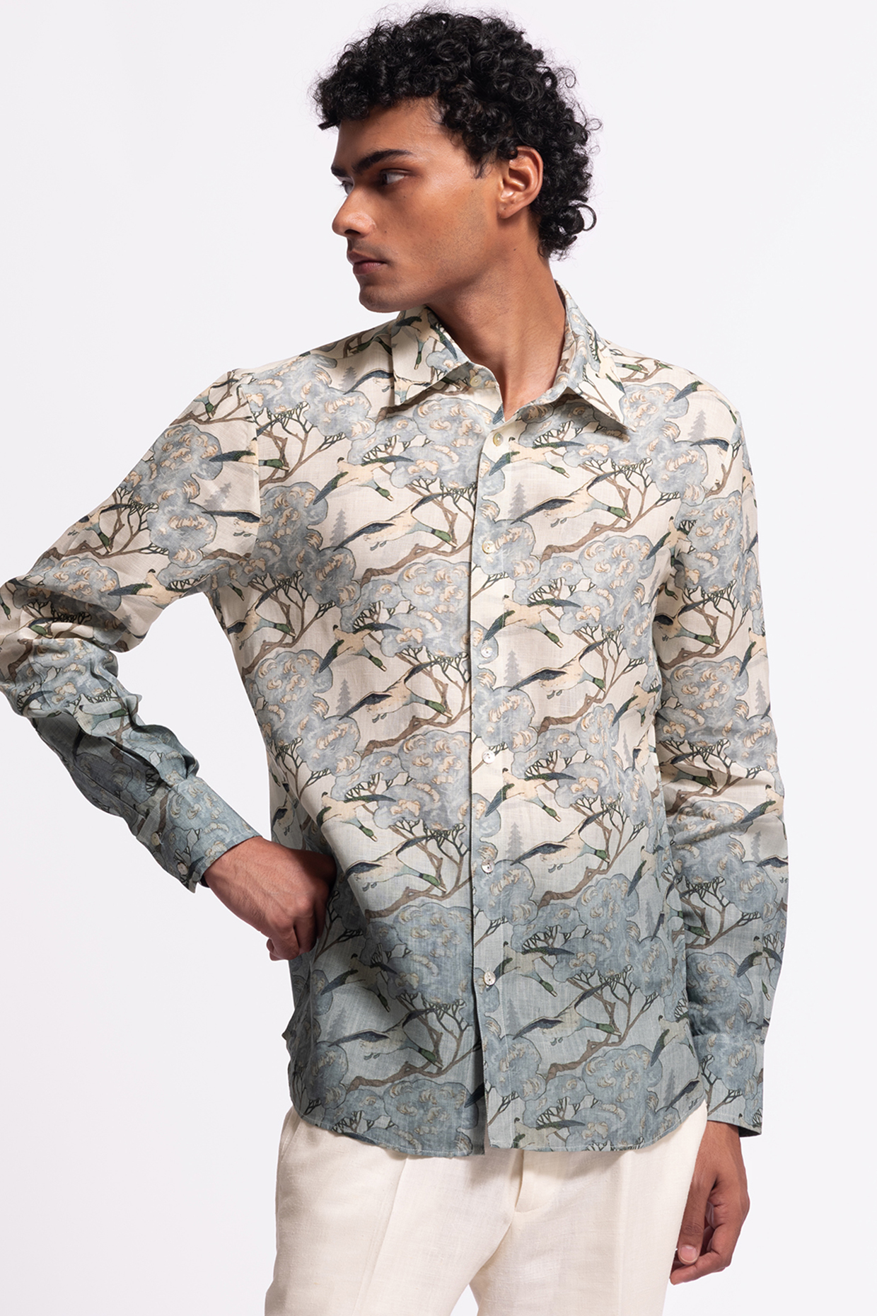 Ivory Linen Bird Printed Shirt by Balance by Rohit Bal Men