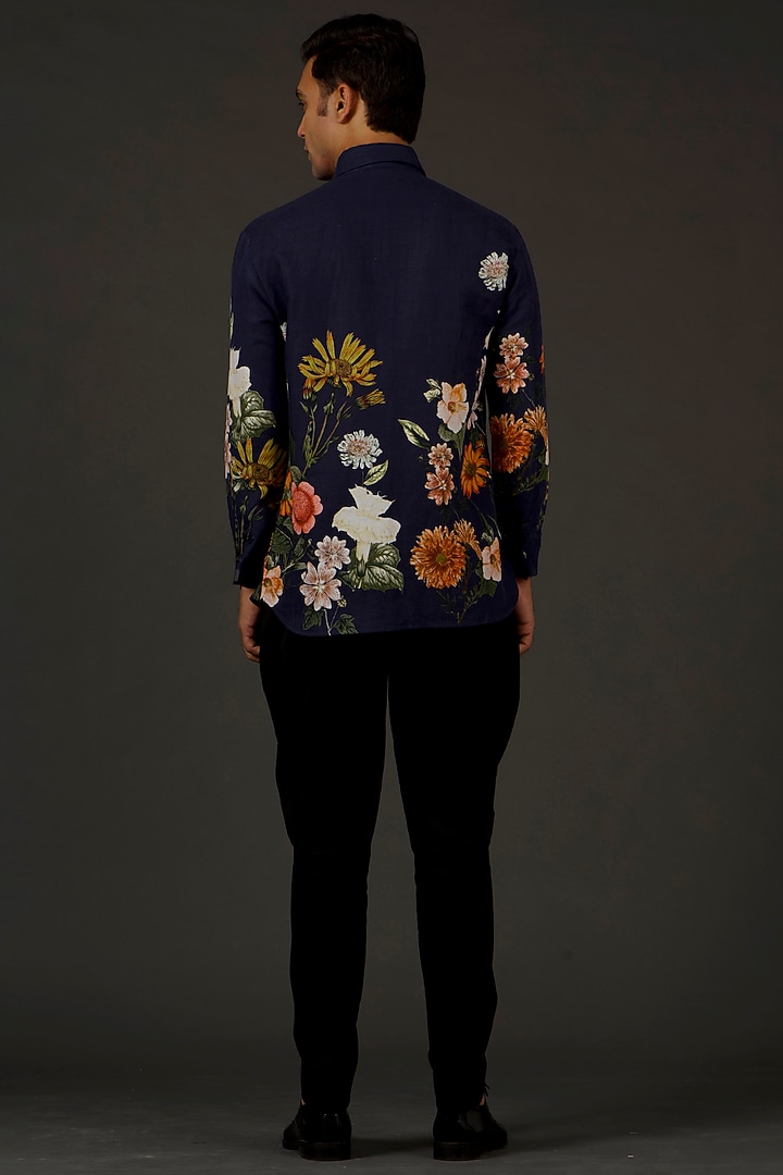 Indigo Satin Poplin Floral Printed Party Wear Shirt by Balance by Rohit Bal Men at Pernia's Pop Up Shop