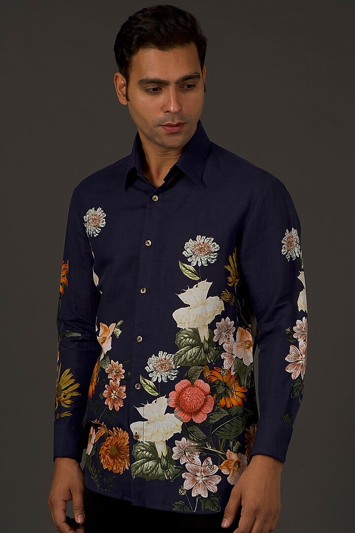 Indigo Satin Poplin Floral Printed Party Wear Shirt by Balance by Rohit Bal Men at Pernia's Pop Up Shop