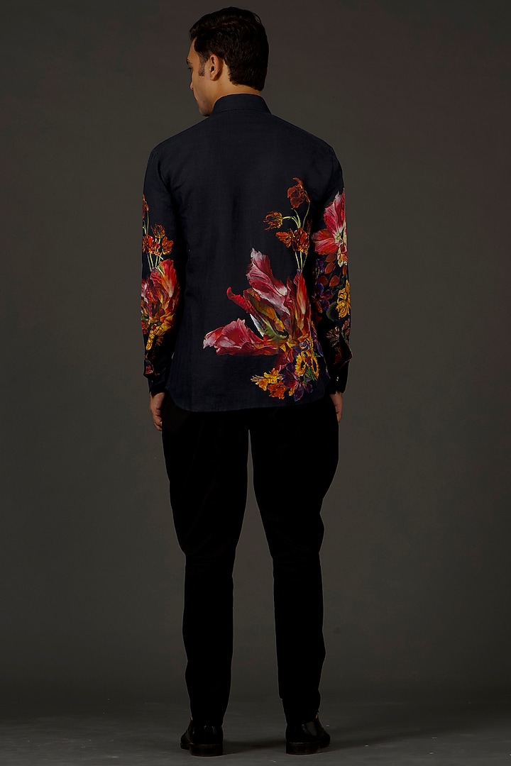 Black Satin Poplin Floral Printed Party Wear Shirt by Balance by Rohit Bal Men at Pernia's Pop Up Shop