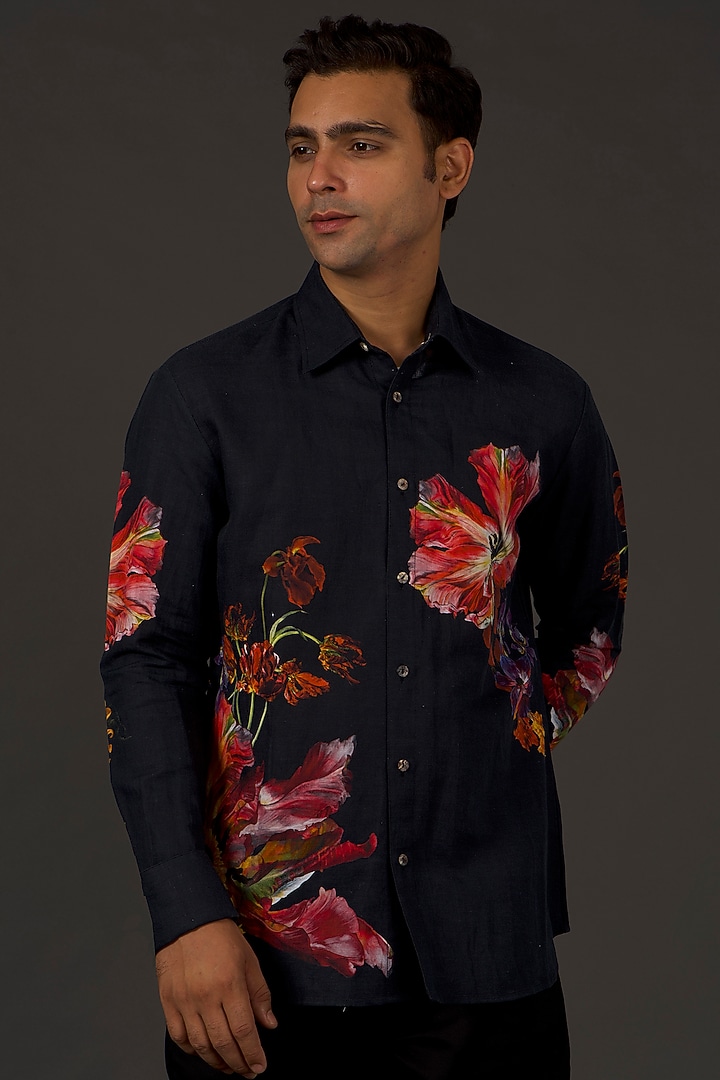 Black Satin Poplin Floral Printed Party Wear Shirt by Balance by Rohit Bal Men at Pernia's Pop Up Shop