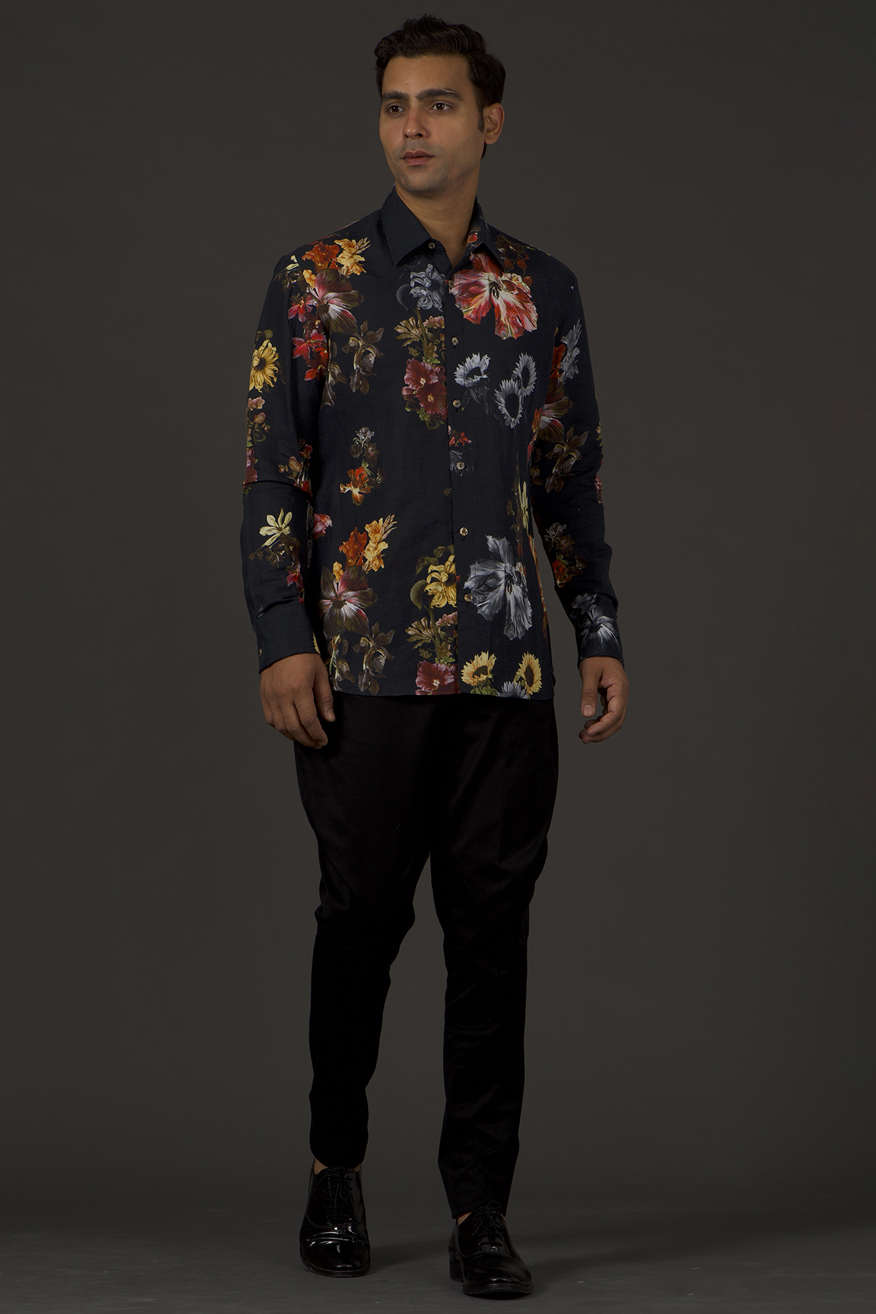 Black Satin Poplin Floral Printed Shirt by Balance by Rohit Bal Men