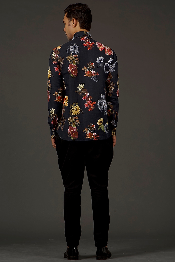 Black Satin Poplin Floral Printed Party Wear Shirt by Balance by Rohit Bal Men at Pernia's Pop Up Shop