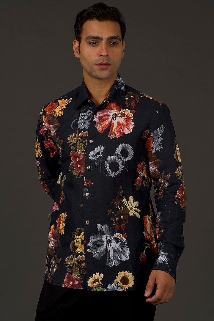 Black Satin Poplin Floral Printed Party Wear Shirt by Balance by Rohit Bal Men at Pernia's Pop Up Shop