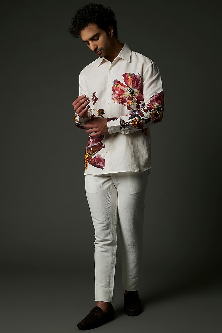 White Satin Poplin Floral Printed Shirt by Balance by Rohit Bal Men